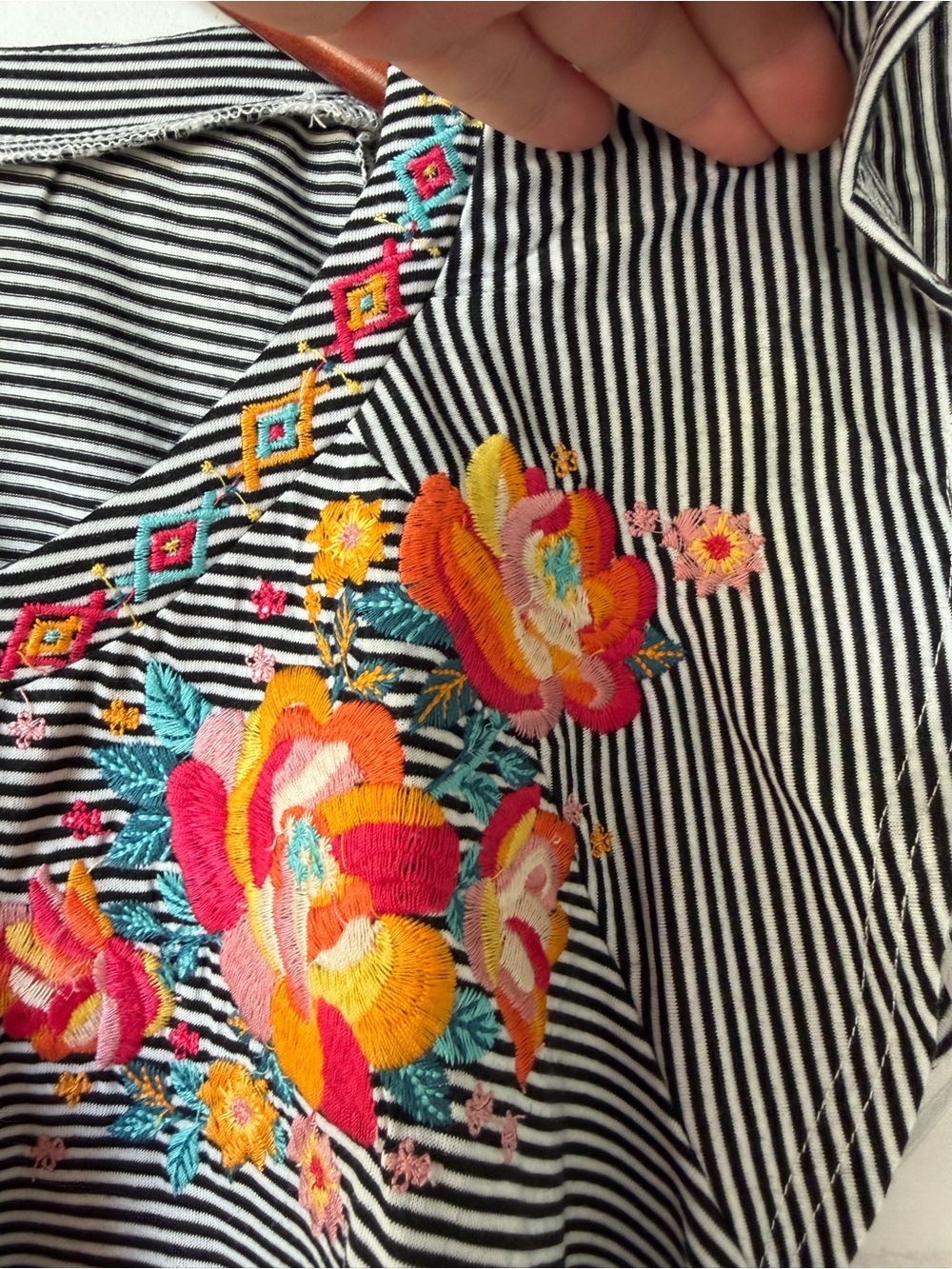Savanna Jane Black & White Striped Floral Embroidered Flutter Sleeve Top - Picture 3 of 5